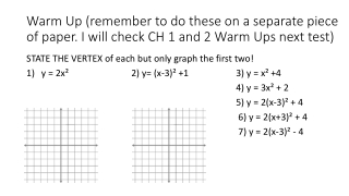 STATE THE VERTEX of each but only graph the first two! y = 2x² 			2) y= (x-3)² +1		3) y = x² +4