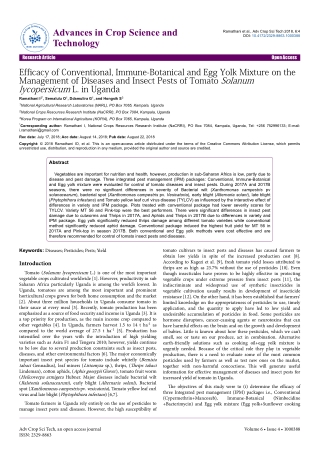 Efficacy of Conventional, Immune-Botanical and Egg Yolk Mixture on the Management of Diseases and Insect Pests of Tomato