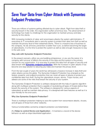 Save Your Data from Cyber Attack with Symantec Endpoint Protection