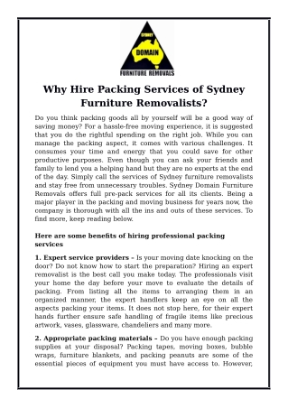 Why Hire Packing Services of Sydney Furniture Removalists?