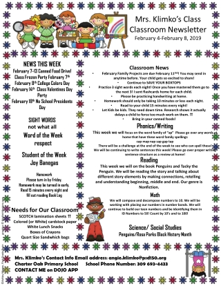 Mrs. Klimko’s Class Classroom Newsletter February 4-February 8, 2019