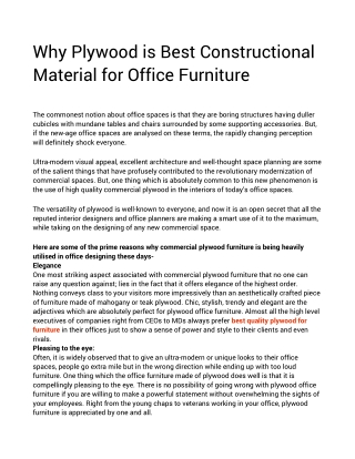 Why Plywood is Best Constructional Material for Office Furniture