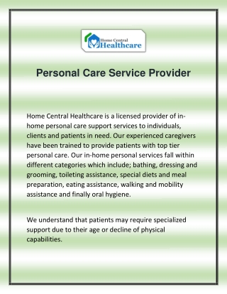 Personal Care Service Provider | Homecentralhealthcare
