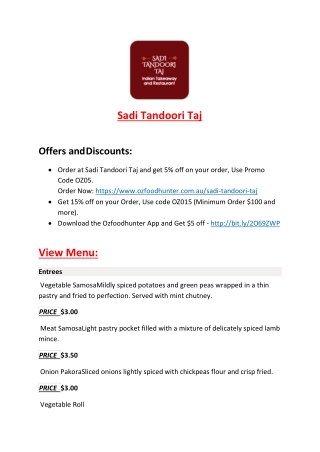 Sadi Tandoori Taj menu - Indian food takeaway Restaurant Potts Point