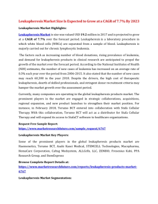 Leukapheresis Market Size Is Expected to Grow at a CAGR of 7.7% By 2023
