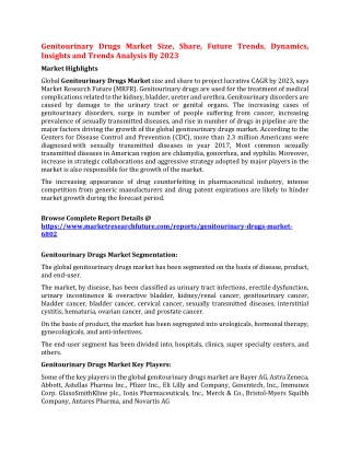 Genitourinary Drugs Market Size, Share, Future Trends, Dynamics, Insights and Trends Analysis By 2023
