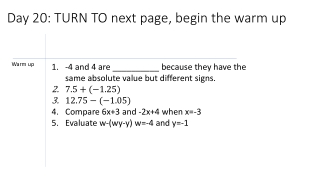 Day 20 : T URN TO next page, begin the warm up