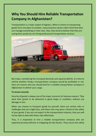 Why You Should Hire Reliable Transportation Company in Afghanistan?