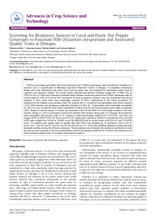 Screening for Resistance Sources in Local and Exotic Hot Pepper Genotypes to Fusarium Wilt (Fusarium oxysporium) and Ass