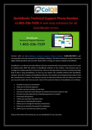 QuickBooks Technical Support Phone Number 1-855-236-7529: A one-stop solutions for all QuickBooks errors