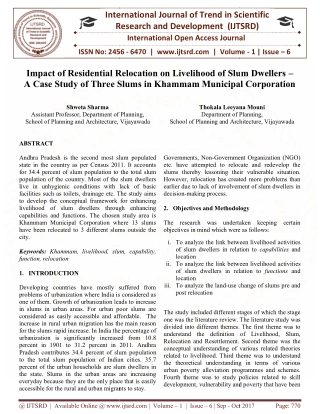 Impact of Residential Relocation on Livelihood of Slum Dwellers - A Case Study of Three Slums in Khammam Municipal Corpo