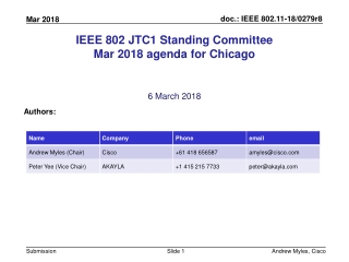 IEEE 802 JTC1 Standing Committee Mar 2018 agenda for Chicago