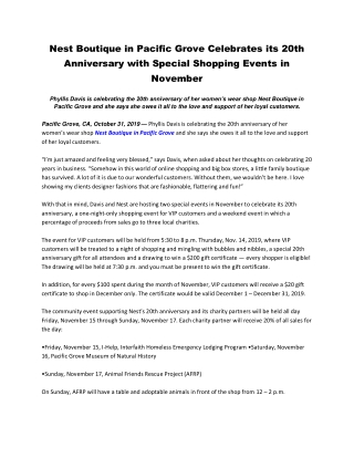 Nest Boutique in Pacific Grove Celebrates its 20th Anniversary with Special Shopping Events