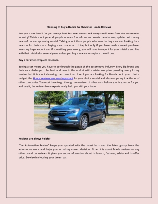 Planning to Buy a Honda Car Check for Honda Reviews
