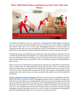 Move with Pune Packers and Movers to Save Your Time and Money