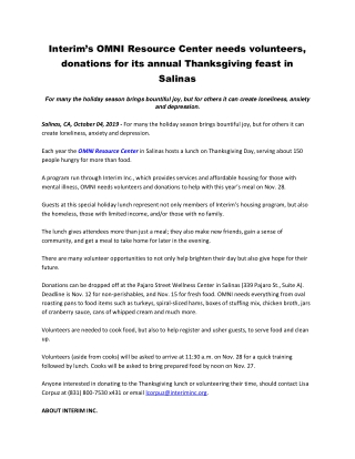 Interim’s OMNI Resource Center needs volunteers, donations for its annual Thanksgiving feast in Salinas