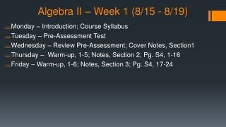 Algebra II – Week 1 (8/15 - 8/19)