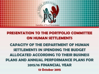 PRESENTATION TO THE PORTFOLIO COMMITTEE ON HUMAN SETTLEMENTS