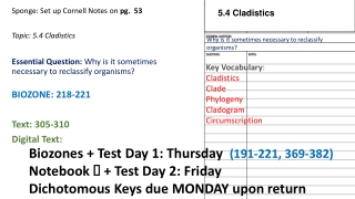 Sponge: Set up Cornell Notes on pg . 53 Topic: 5.4 Cladistics