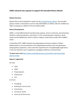 SABIC released new capacity to support the Extruded Plastics Market