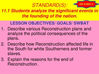 STANDARD(S): 11.1 Students analyze the significant events in the founding of the nation.