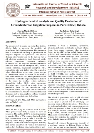 Hydrogeochemical Analysis and Quality Evaluation of Groundwater for Irrigation Purposes in Puri District,Odisha