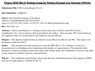 Project: IEEE 802.15 Working Group for Wireless Personal Area Networks (WPANs)