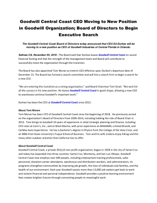 Goodwill Central Coast CEO Moving to New Position in Goodwill Organization; Board of Directors