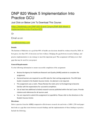 DNP 820 Week 5 Implementation Into Practice GCU