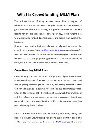 What is Crowdfunding MLM Plan - MLM Software Chennai