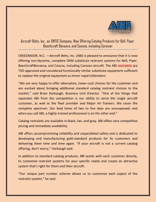 Aircraft Belts, Inc., an ONTIC Company, Now Offering Catalog Products for Bell, Piper, Beechcraft Bonanza, and Cessna, i