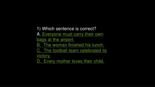 1) Which sentence is correct? A. Everyone must carry their own bags at the airport.