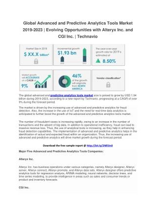 Global Advanced and Predictive Analytics Tools Market 2019-2023 | Evolving Opportunities with Alteryx Inc. and CGI Inc.