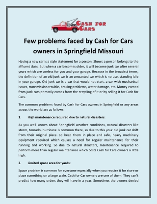 Few problems faced by Cash for Cars owners in Springfield Missouri