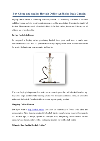 Buy Cheap and quality Hookah Online At Shisha freak Canada