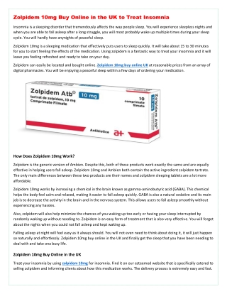 Zolpidem 10mg Buy Online in the UK to Treat Insomnia