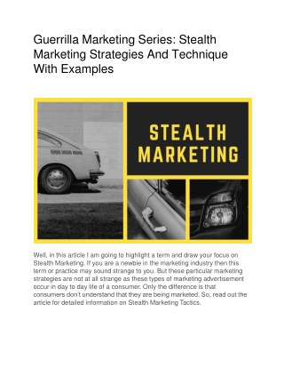 Guerrilla Marketing Series: Stealth Marketing Strategies And Technique With Examples