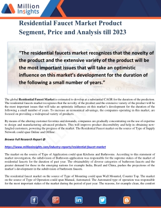 Residential Faucet Market Product Segment, Price and Analysis till 2023