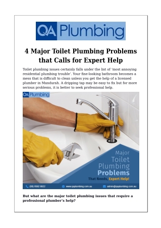 4 Major Toilet Plumbing Problems that Calls for Expert Help