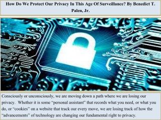 How Do We Protect Our Privacy In This Age Of Surveillance? By Benedict T. Palen, Jr.