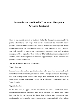 Facts and Associated Insulin Treatment: Therapy for Advanced Treatment