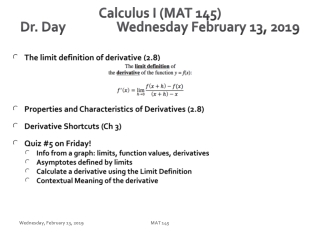 Calculus I (MAT 145) Dr. Day		Wednesday February 13, 2019