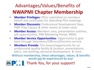 Advantages/Values/Benefits of NWAPMI Chapter Membership