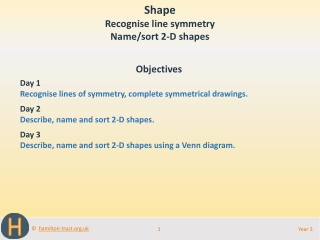 Objectives Day 1 Recognise lines of symmetry, complete symmetrical drawings. Day 2