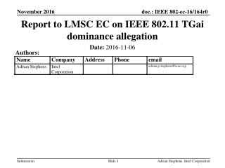 Report to LMSC EC on IEEE 802.11 TGai dominance allegation