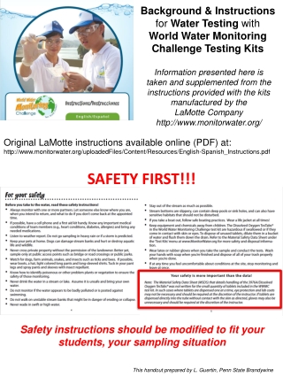 Background &amp; Instructions f or Water Testing with World Water Monitoring Challenge Testing Kits