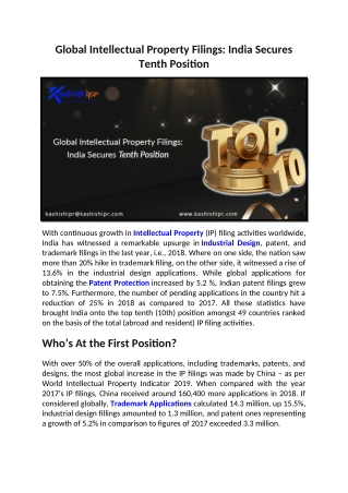 Global Intellectual Property Filings: India Secures Tenth Position
