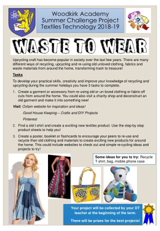 Woodkirk Academy Summer Challenge Project Textiles Technology 2018-19