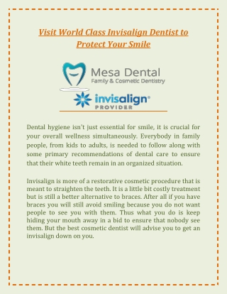 Visit World Class Invisalign Dentist to Protect Your Smile