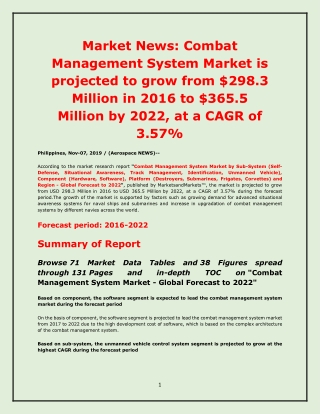 Market News: Combat Management System Market is projected to grow from $298.3 Million in 2016 to $365.5 Million by 2022,
